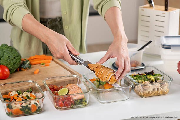 MEAL PREP : GAIN DE TEMPS ET ÉCONOMIES EN PRÉPARANT SES REPAS LE DIMANCHE 2 Woman preparing healthy homemade meal prep, with fresh, healthy food at home.