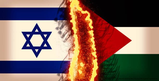 EXPLICATION BIBLIQUE : POURQUOI LE CONFLIT ISRAÉLO-PALESTINIEN NE PRENDRA JAMAIS FIN 6 Israel vs Palestine flags divided by fire and smoke – digital composite.