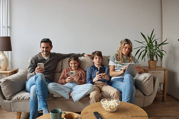 COMMENT LES RÉSEAUX SOCIAUX SONT DEVENUS DES OUTILS DE SURVEILLANCE ET DE CONTRÔLE 3 Family members sitting on sofa, each using smartphone or tablet at home