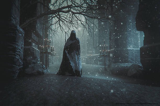 LA SCIENCE ET LES FANTÔMES : UNE EXPLORATION RATIONNELLE DES PHÉNOMÈNES PARANORMAUX 5 Mysterious wizard in abandoned temple. 3D generated image.